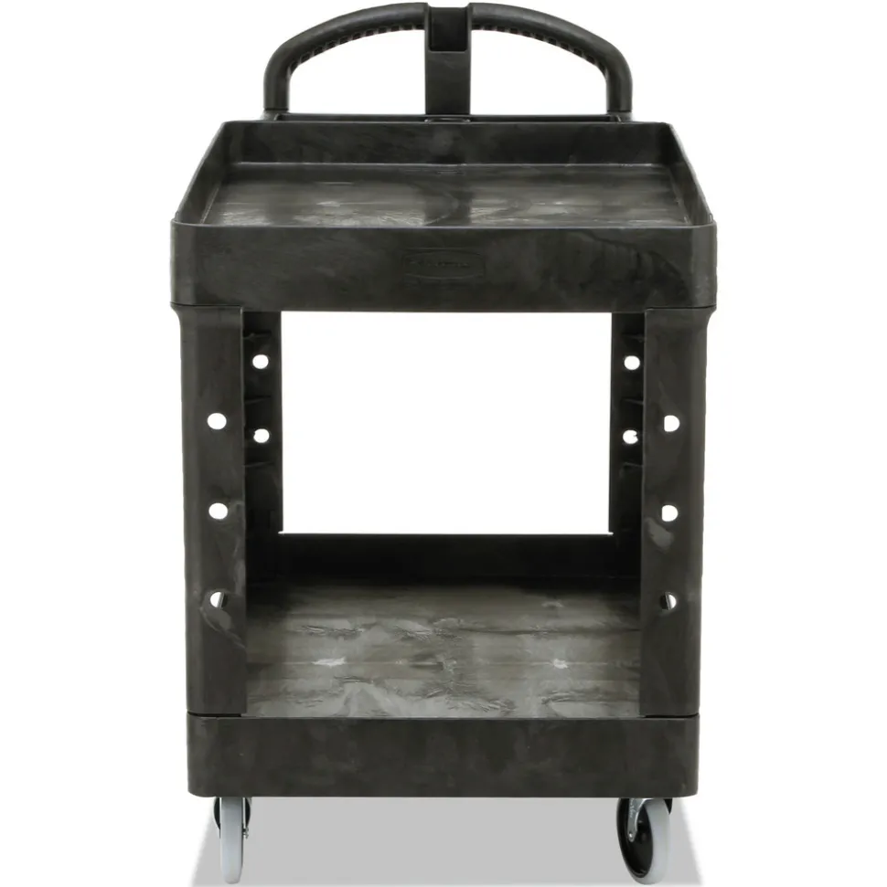 Rubbermaid Commercial 25.9 in. x 45.2 in. x 32.2 in. 500 lbs. Capacity 2 Lipped Shelves Heavy-Duty Plastic Utility Cart - Black