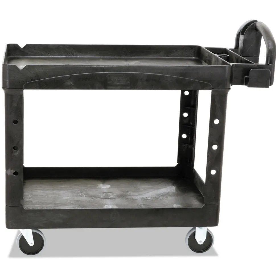 Rubbermaid Commercial 25.9 in. x 45.2 in. x 32.2 in. 500 lbs. Capacity 2 Lipped Shelves Heavy-Duty Plastic Utility Cart - Black
