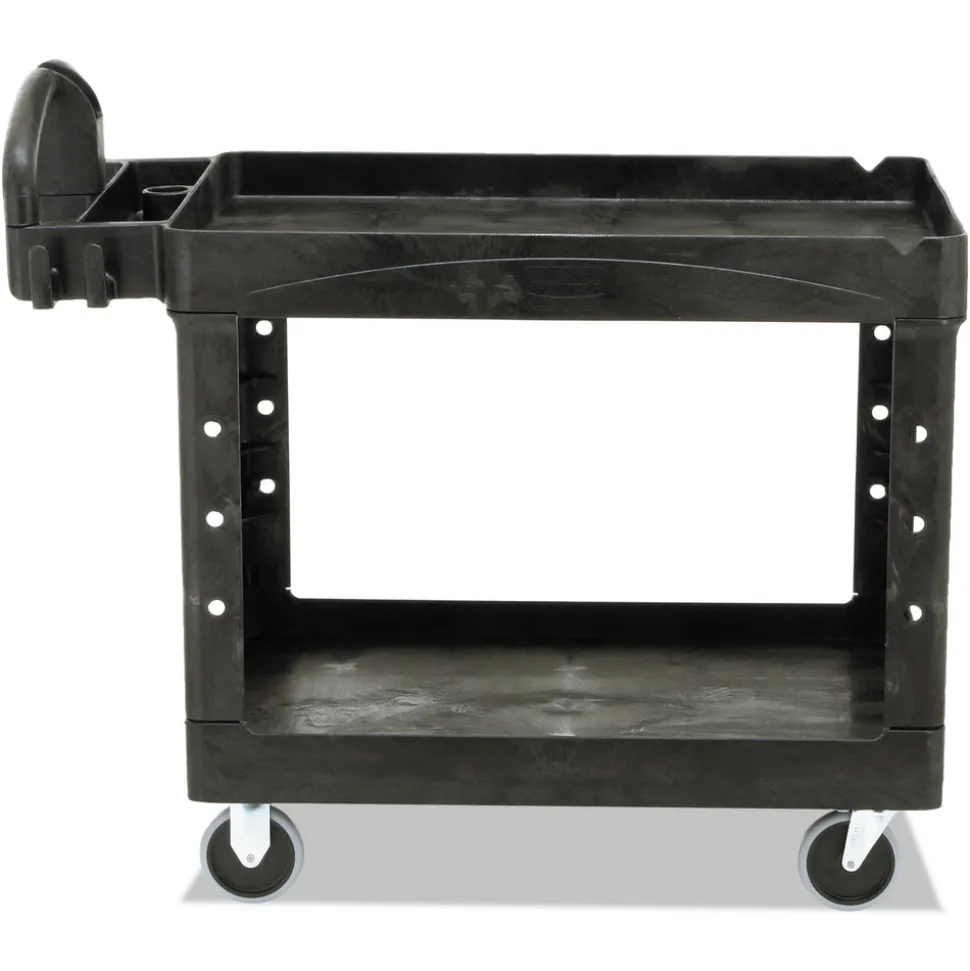 Rubbermaid Commercial 25.9 in. x 45.2 in. x 32.2 in. 500 lbs. Capacity 2 Lipped Shelves Heavy-Duty Plastic Utility Cart - Black