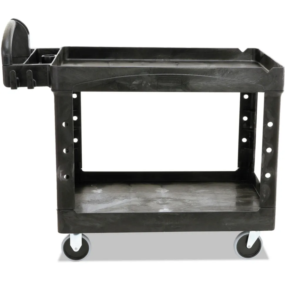 Rubbermaid Commercial 25.9 in. x 45.2 in. x 32.2 in. 500 lbs. Capacity 2 Lipped Shelves Heavy-Duty Plastic Utility Cart - Black