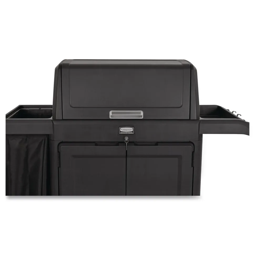 Rubbermaid Commercial 24.4 in. x 62.4 in. x 56.9 in. 4-Shelf Housekeeping Cart with Hood and Doors - Black