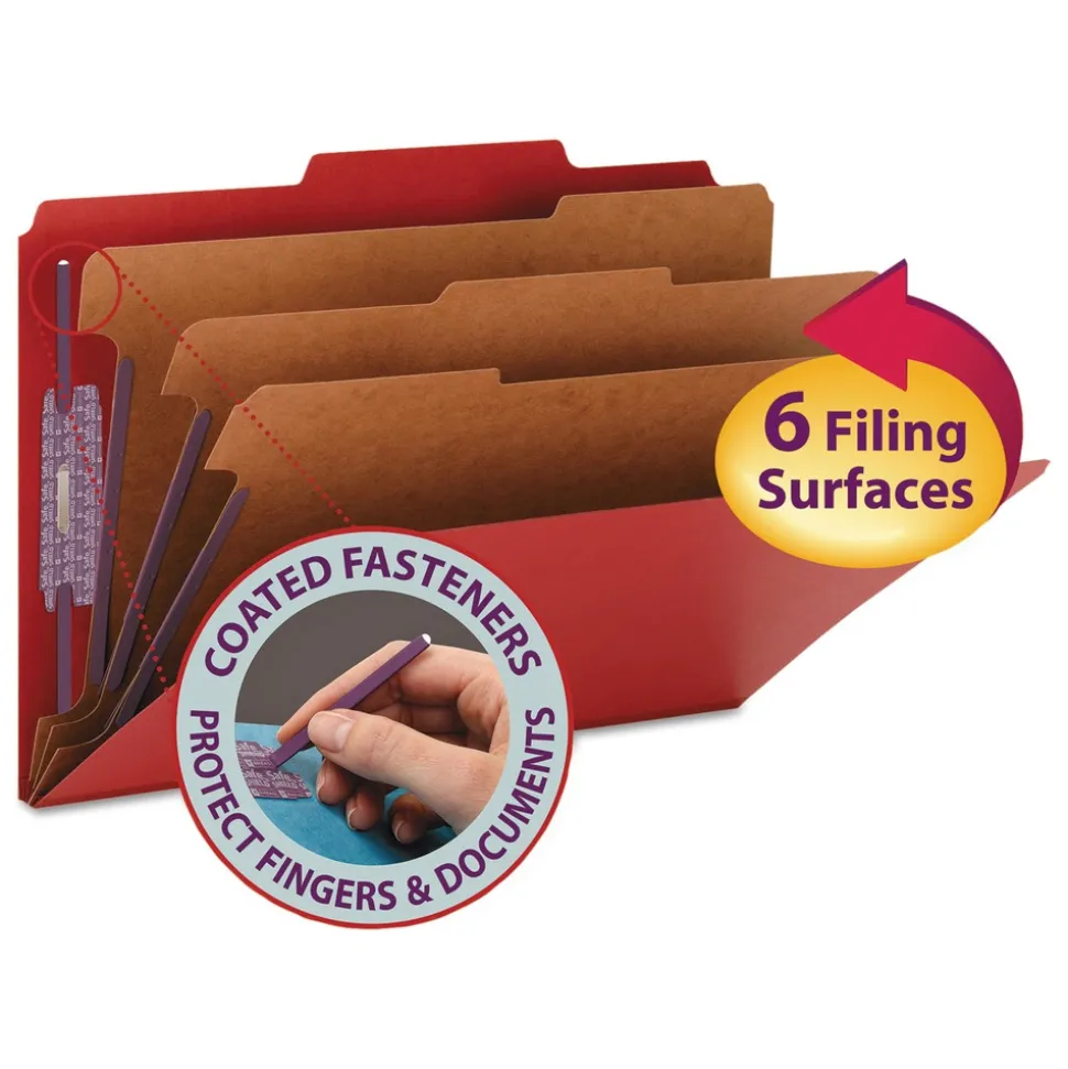 Smead Eight-Section Pressboard Top Tab Classification Folders - Bright Red/Legal Size (10/Box)