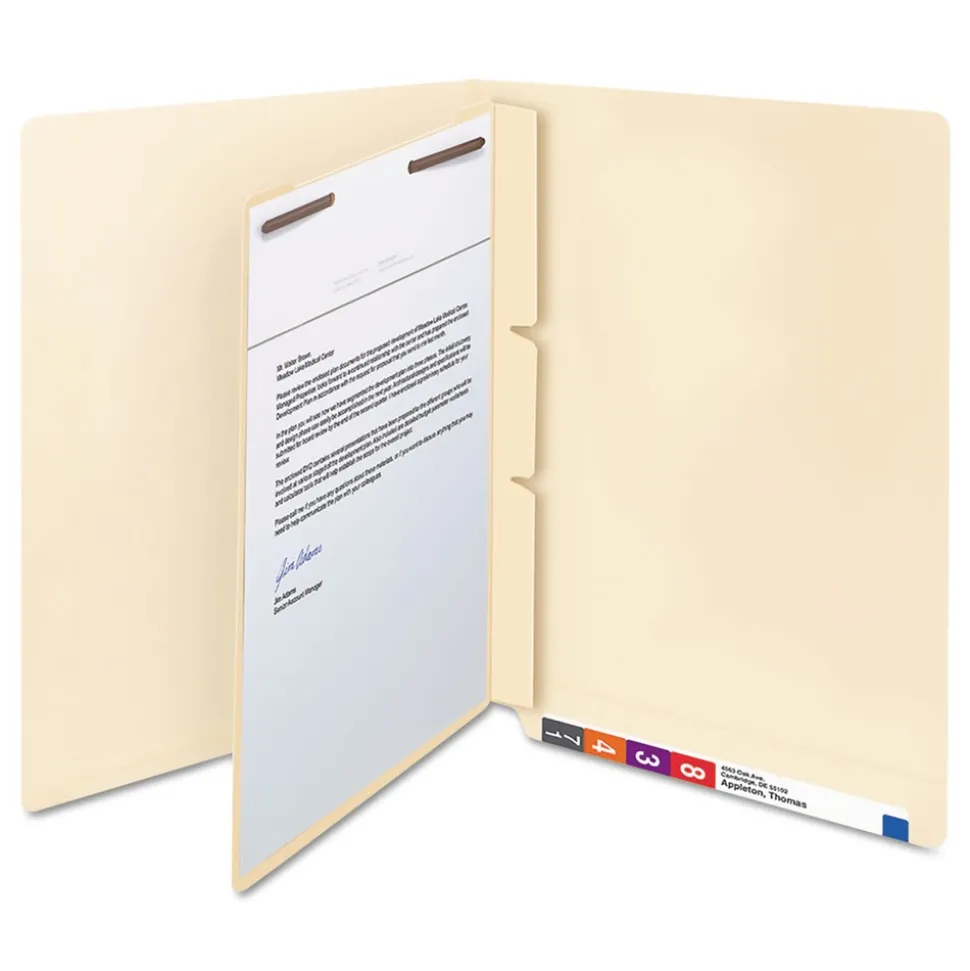 Smead 1 Fastener Letter Size Self-Adhesive Folder Dividers with Twin-Prong Fasteners for Top/End Tab Folders - Manila (100/Box)