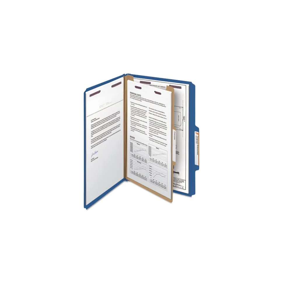 Smead Four SafeSHIELD Fasteners 1 Divider Legal Size Four-Section Pressboard Top Tab Classification Folders - Dark Blue (10/Box)