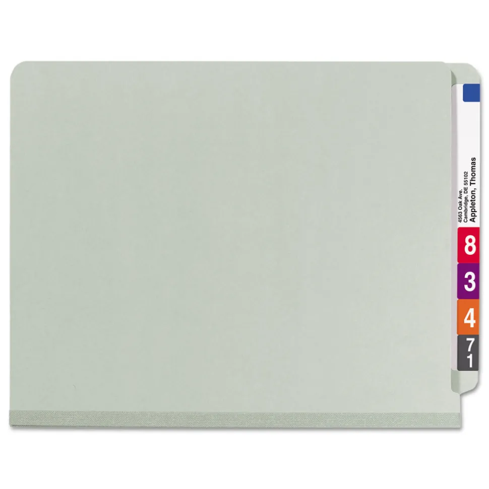 Smead 2 in. Expansion End Tab Pressboard Classification Folders with 6 SafeSHIELD Fasteners - Letter Size/Gray-Green (10/Box)