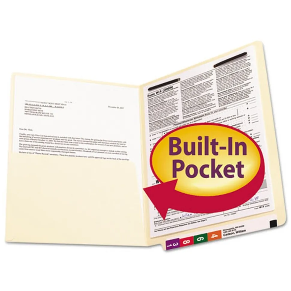Smead 0.75 in. Expansion 1 Fastener Letter Size Interior Front-Cover Pocket Heavyweight End Tab Fastener Folders - Manila (50/Box)