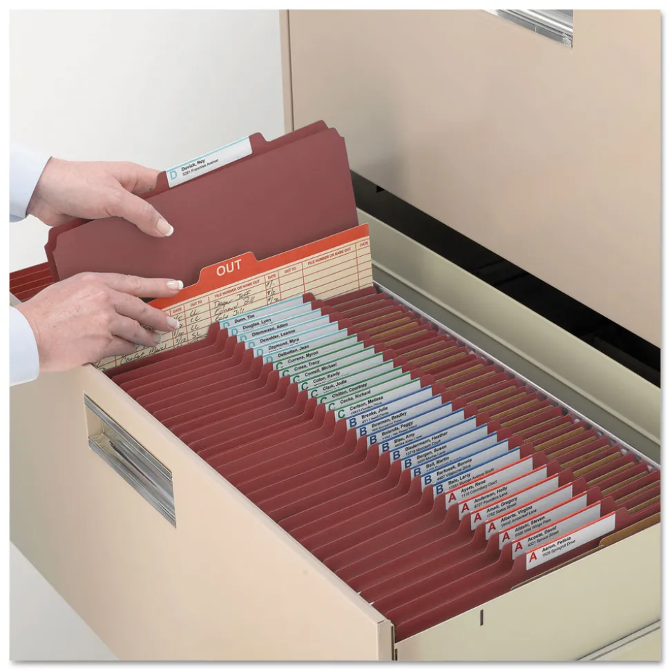 Smead 3 in. Expansion Recycled 3-Divider Pressboard Classification Folders, 8 Fasteners - Legal Size/Red Exterior (10/Box)