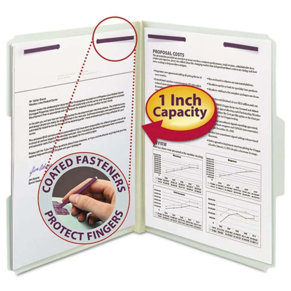 Smead 1 in. Expansion Recycled Pressboard Folders with 2 SafeSHIELD Fasteners - Letter Size/Gray-Green (25/Box)