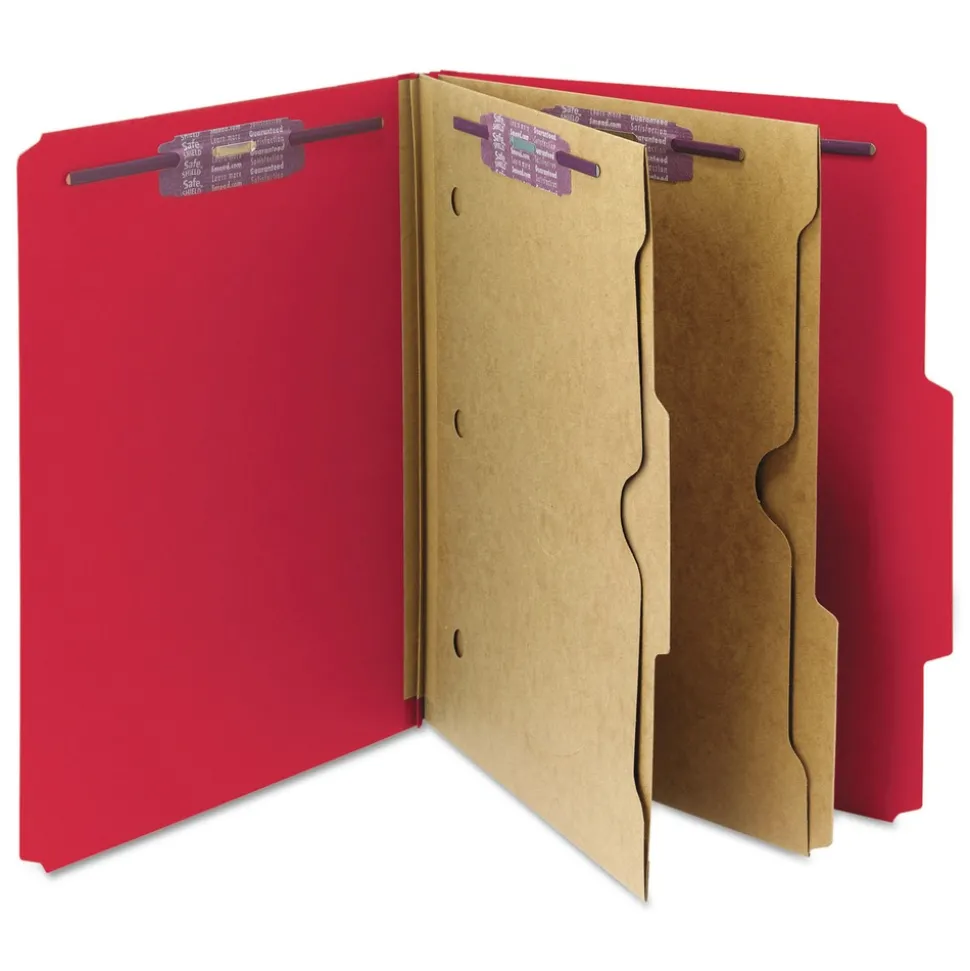 Smead 6 SafeSHIELD Fasteners 2 Dividers Letter Size 6-Section Pressboard Top Tab Pocket Classification Folders - Bright Red (10/Box)