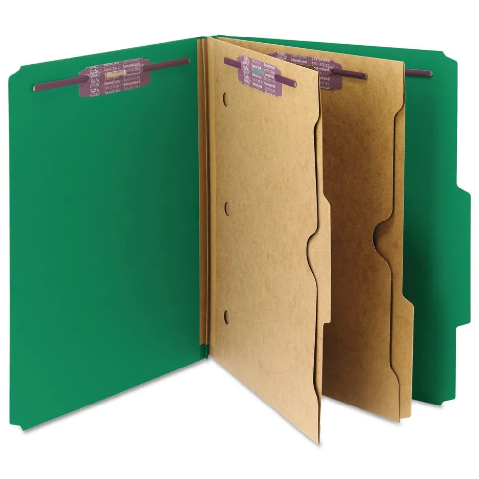 Smead 6 SafeSHIELD Fasteners 2 Dividers Letter Size 6-Section Pressboard Top Tab Pocket Classification Folders - Green (10/Box)