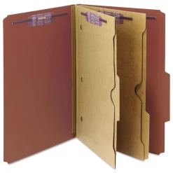 Smead 6 SafeSHIELD Fasteners 2 Dividers Legal Size 6-Section Pressboard Top Tab Pocket Classification Folders - Red (10/Box)