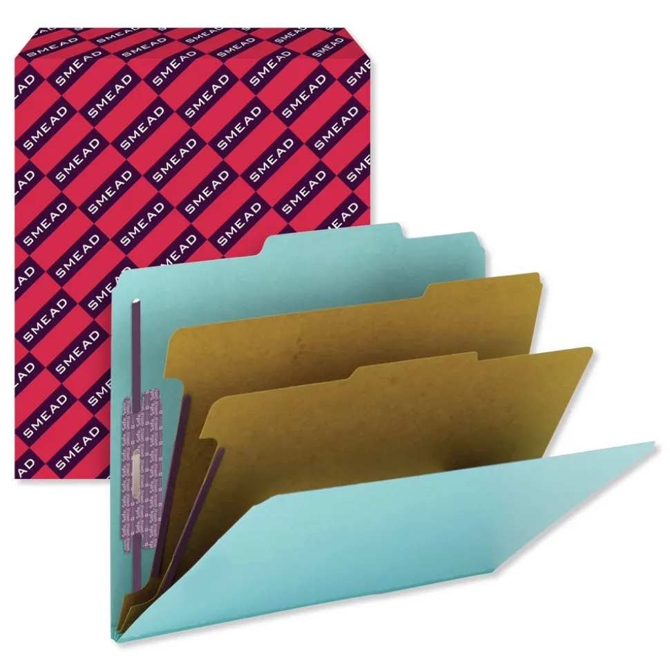 Smead 6-Section Pressboard Top Tab Classification Folders with 6 SafeSHIELD Fasteners - Letter Size/Blue (10/Box)