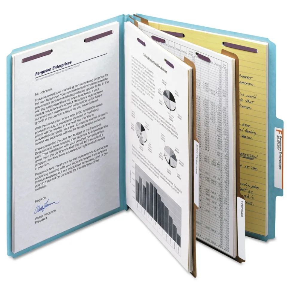Smead 6-Section Pressboard Top Tab Classification Folders with 6 SafeSHIELD Fasteners - Letter Size/Blue (10/Box)