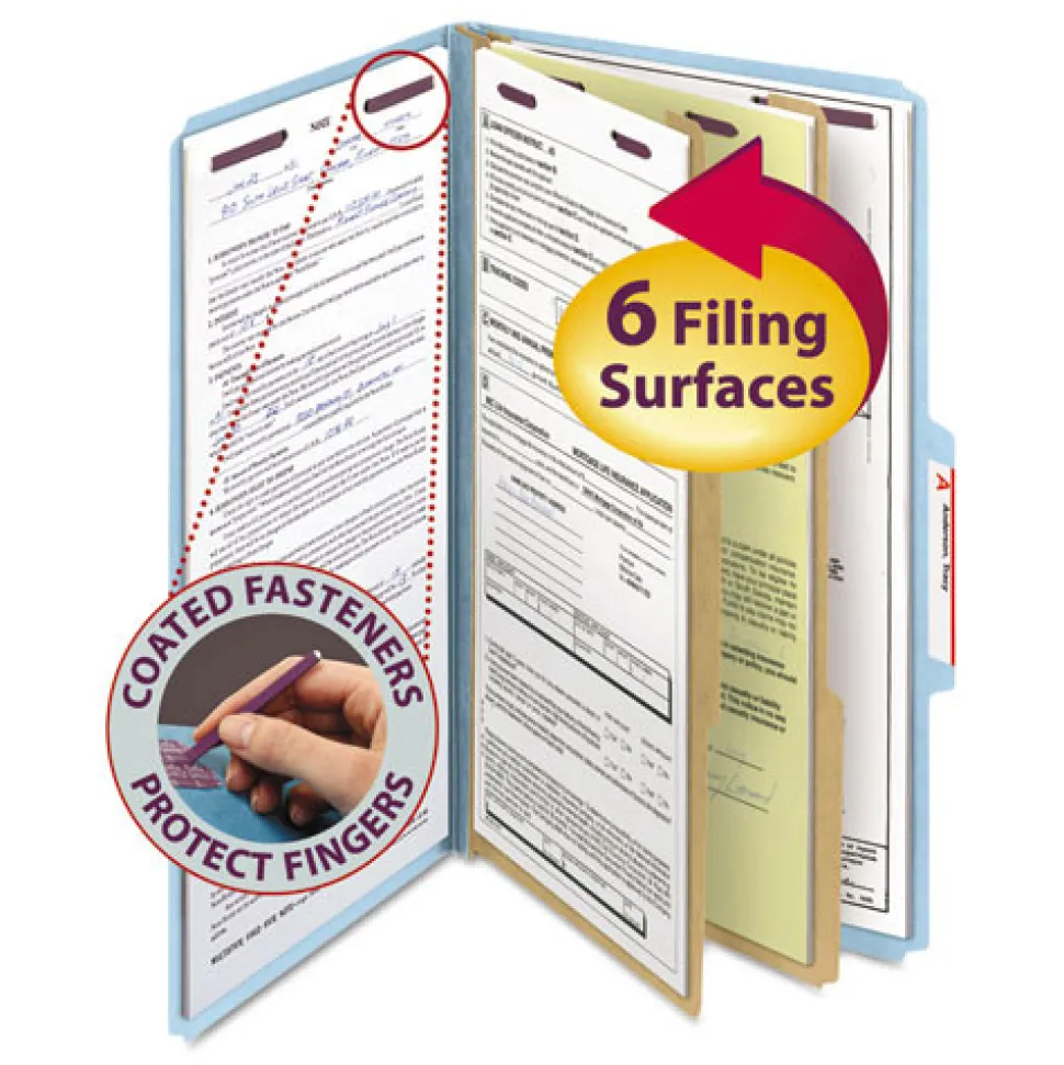 Smead Six SafeSHIELD Fasteners 2 Dividers Legal Size Six-Section Pressboard Top Tab Classification Folders - Blue (10/Box)