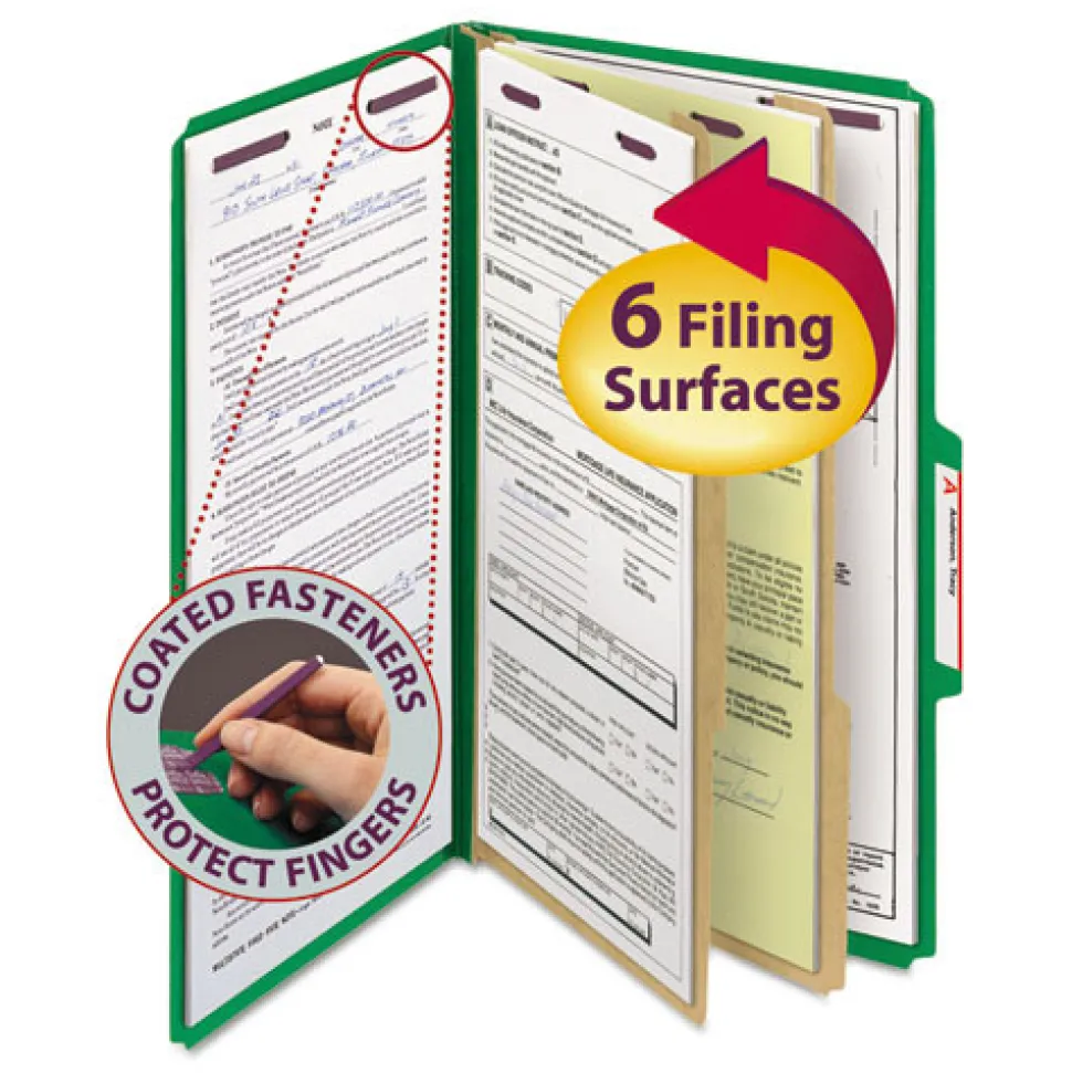 Smead Six SafeSHIELD Fasteners 2 Dividers Legal Size Six-Section Pressboard Top Tab Classification Folders - Green (10/Box)
