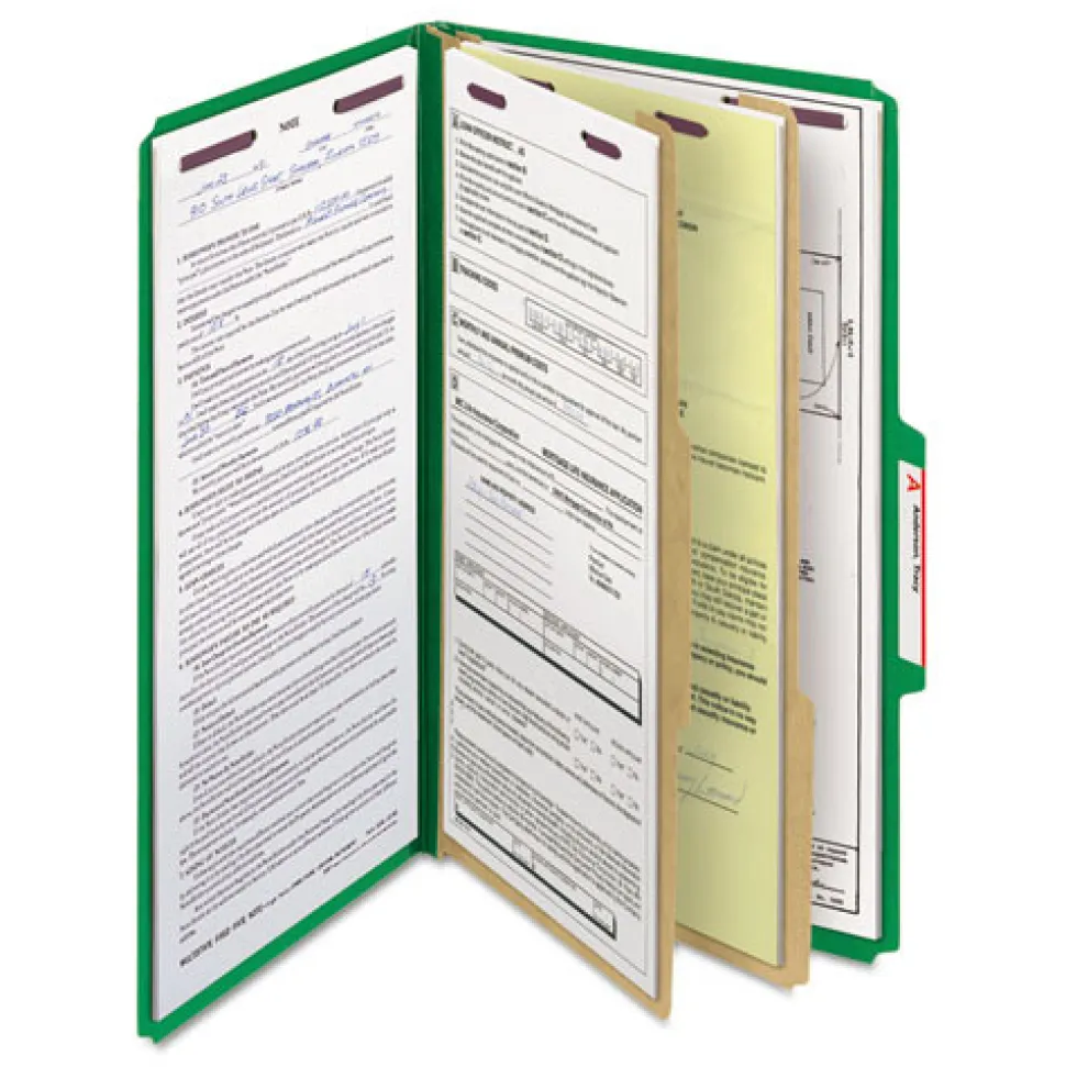 Smead Six SafeSHIELD Fasteners 2 Dividers Legal Size Six-Section Pressboard Top Tab Classification Folders - Green (10/Box)