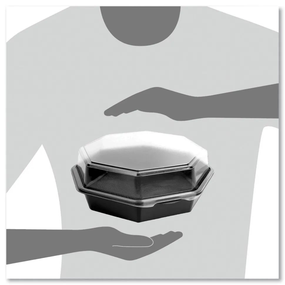 SOLO OctaView 9.57 in. x 9.2 in. x 3.2 in. 42 oz. Plastic Hinged-Lid Cold Food Containers - Black/Clear (100/Carton)