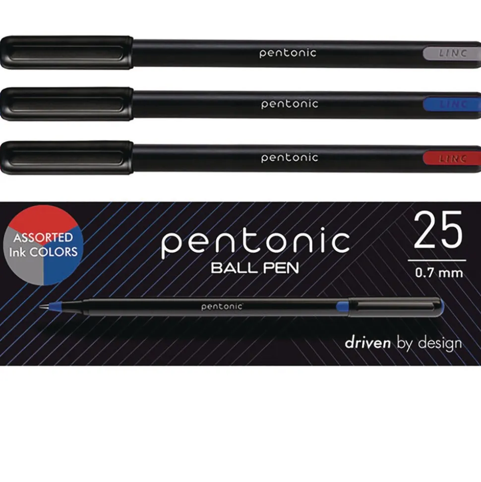 TOPS Fine 0.7 mm PENTONIC Stick Ballpoint Pen - Assorted Ink Colors/Black Barrel (25/Pack)