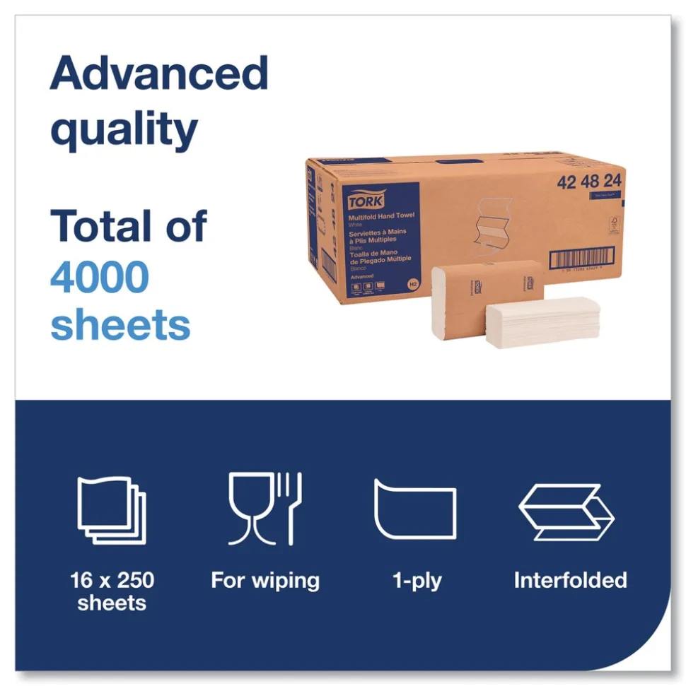 Tork Advanced 9 x 9.5 1-Ply Multifold Hand Towel - White (16/Carton)