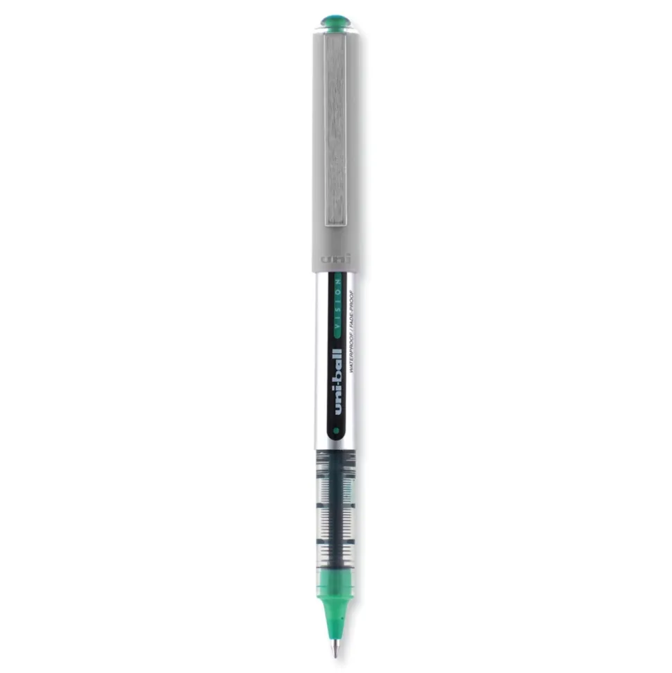 uni-ball Fine 0.7 mm VISION Stick Roller Ball Pen - Green Ink, Silver/Green/Clear Barrel (1-Dozen)