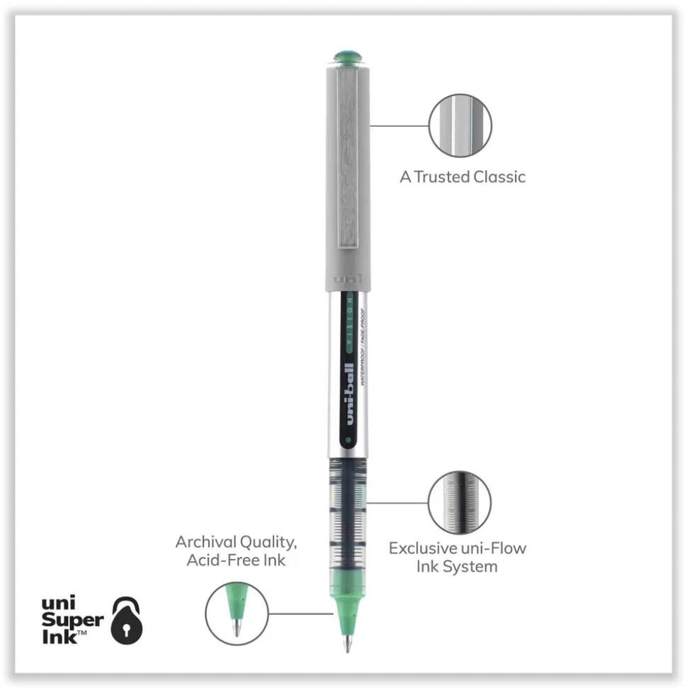 uni-ball Fine 0.7 mm VISION Stick Roller Ball Pen - Green Ink, Silver/Green/Clear Barrel (1-Dozen)