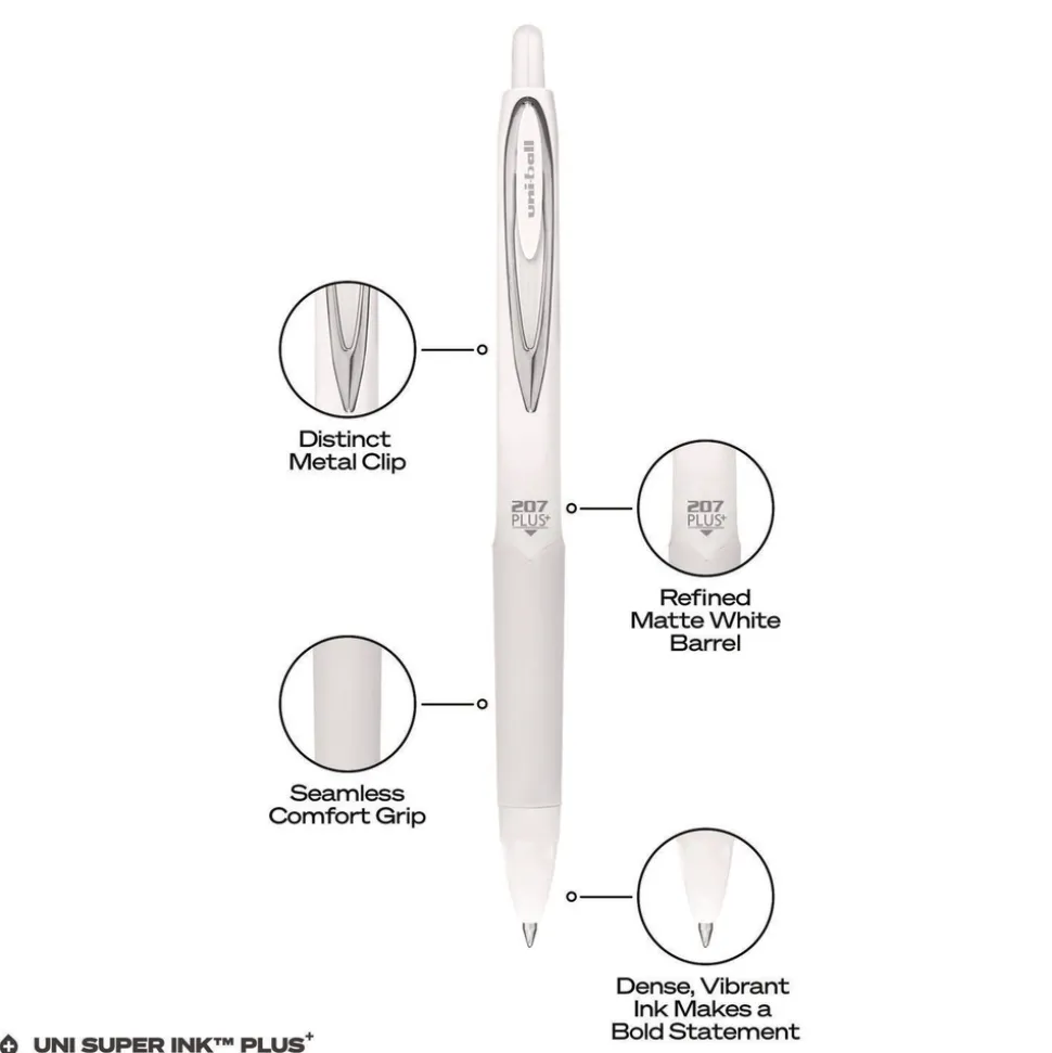 uni-ball Medium 0.7 mm 207 Plusplus Retractable Gel Pen - Black Ink, White Barrel (1-Dozen)