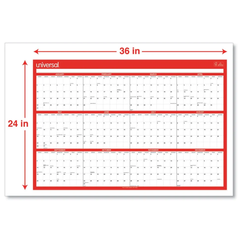 Universal 24 in. x 36 in. 12-Month (Jan-Dec 2026) Erasable Wall Calendar - White/Red Sheets