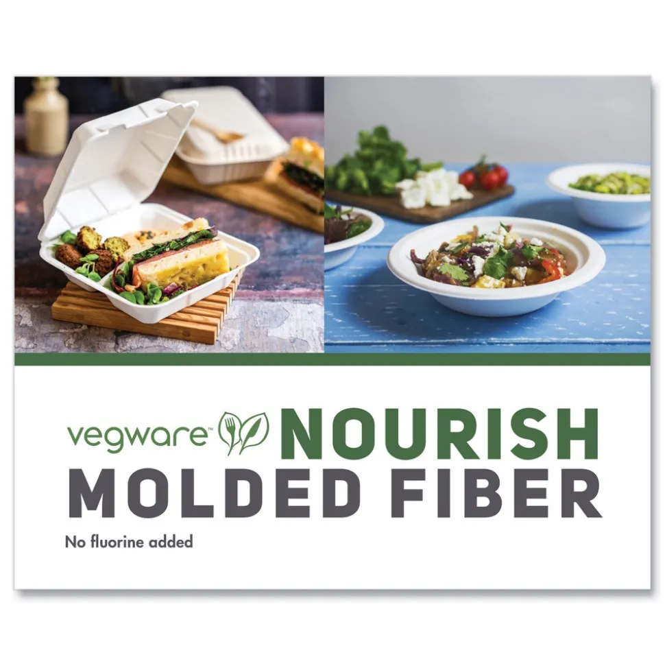 Vegware 9 in. x 18 in. x 2 in. Molded Fiber Compostable Sugarcane 3-Compartment Clamshell Containers - White (200/Carton)