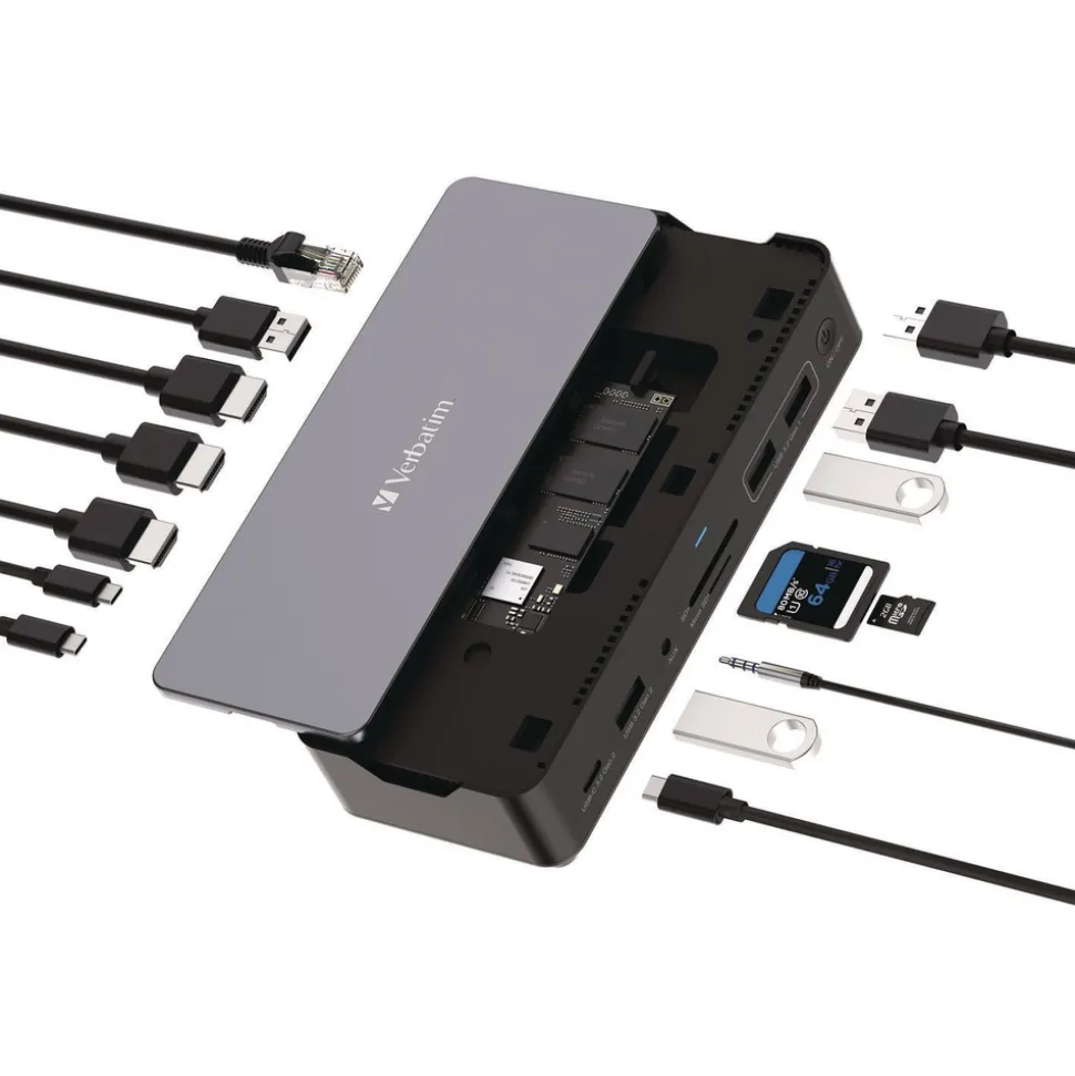 Verbatim 15-in-1 256GB Vi3000 SSD Audio/DisplayPort/HDMI/Micro SD/RJ45/SD/USB-A/USB-C USB-C Pro Docking Station - Gray